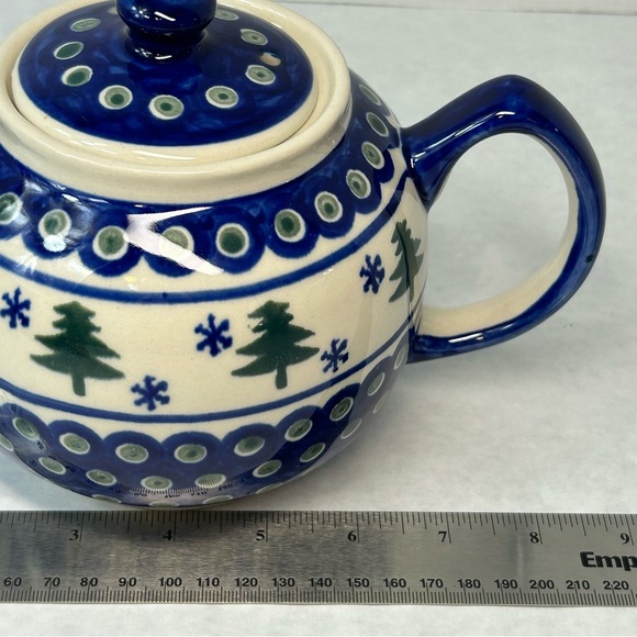 Boleslawiec Polish Pottery Teapot with Lid Pine Trees Snowflakes Poland EUC - Picture 10 of 10